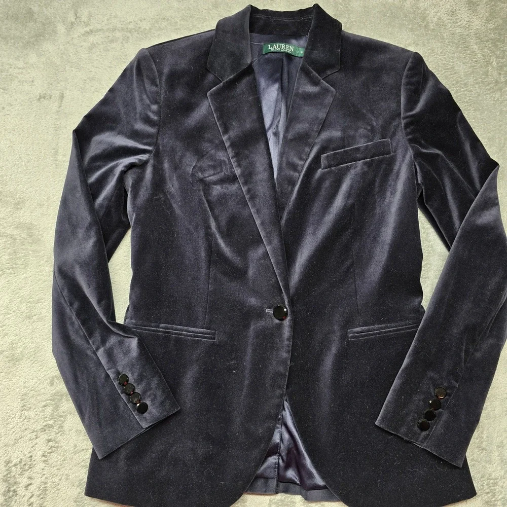 Lauren Ralph Lauren Velvet Blazer Single Button Jacket Mens Size 6 Navy Blue
